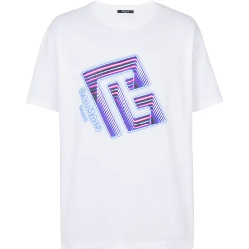 Neon Logo Baumwoll T-shirt Balmain - Balmain - Modalova