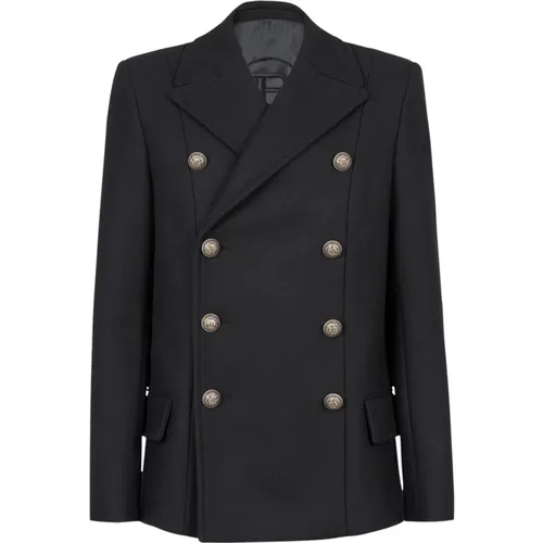 Woll-Pea-Coat mit doppelreihiger silberfarbener Knopfleiste - Balmain - Modalova