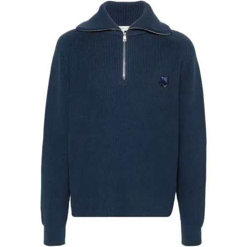 Navy Blauer Gestrickter Fischerpullover , Herren, Größe: M - Maison Kitsuné - Modalova