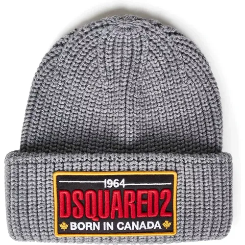 Beanies, male, , Size: ONE SIZE Chunky Ribbed Wool Beanie Grey - Dsquared2 - Modalova