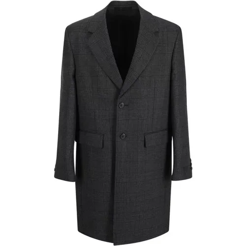 Single-Breasted Coats, male, , Size: L Check Pattern Wool Coat with Lapels - Prada - Modalova