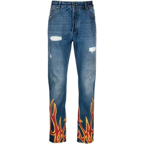 Straight Jeans, male, , Size: W31 Distressed F-Print Straight-Leg Jeans - Palm Angels - Modalova