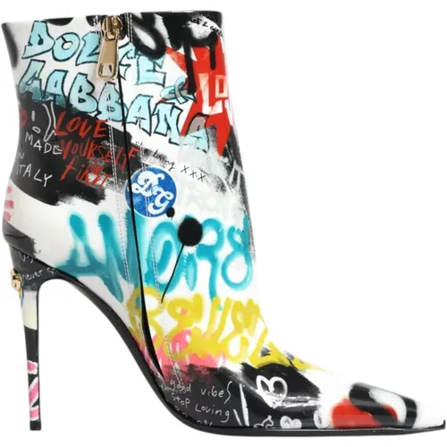 Heeled Boots, female, , Size: 9 US Graffiti Print Leather Mid Calf Boots - Dolce & Gabbana - Modalova