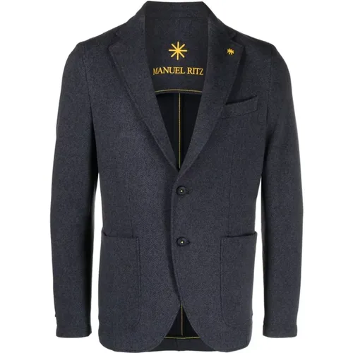 Blazers, male, , Size: XL Navy Cotton-Blend Blazer - Manuel Ritz - Modalova