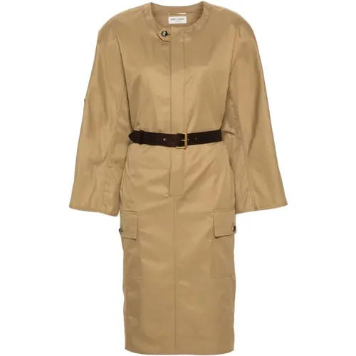 Baumwoll-Twill-Kleid mit braunem Ledergürtel - Saint Laurent - Modalova