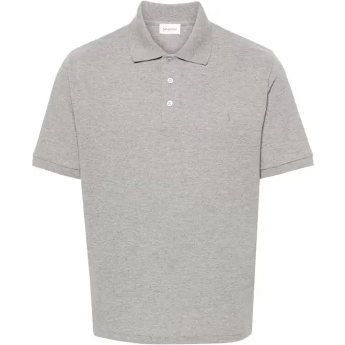 Polo Shirts, male, , Size: XL Grey Cotton Blend Piqué Polo Shirt - Saint Laurent - Modalova