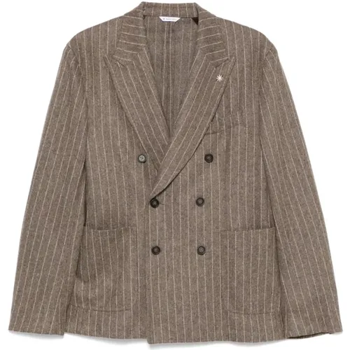 Brown Pinstripe Double-Breasted Jacket , male, Sizes: L, M, 2XL, XL - Manuel Ritz - Modalova