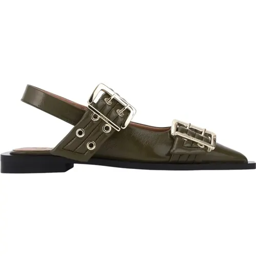 Olive Green Buckle Ballet Flats , female, Sizes: 6 UK, 4 UK, 5 UK, 3 UK - Ganni - Modalova