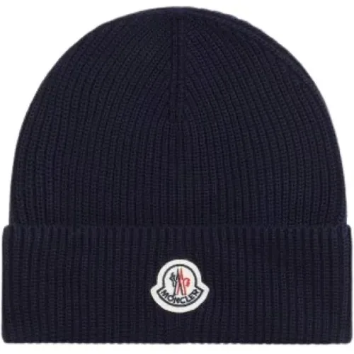 Beanies, male, , Size: ONE SIZE Ribbed Knit Beanie Dark - Moncler - Modalova