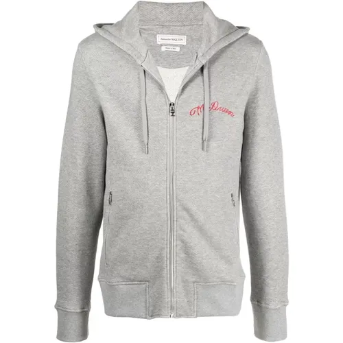 Grey Zip-Up Hoodie with Embroidered Logo , male, Sizes: M - alexander mcqueen - Modalova