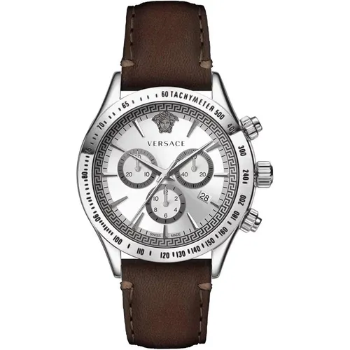 Watches, male, , Size: ONE SIZE Classic Chrono Brown Leather Silver Steel Watch - Versace - Modalova