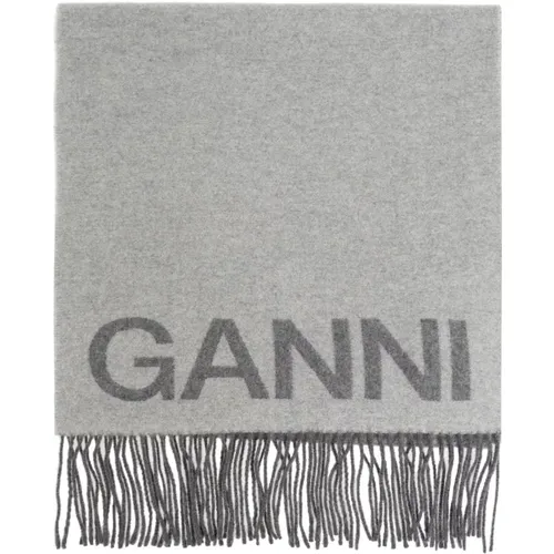 Grey Wool Logo Print Scarf , female, Sizes: ONE SIZE - Ganni - Modalova