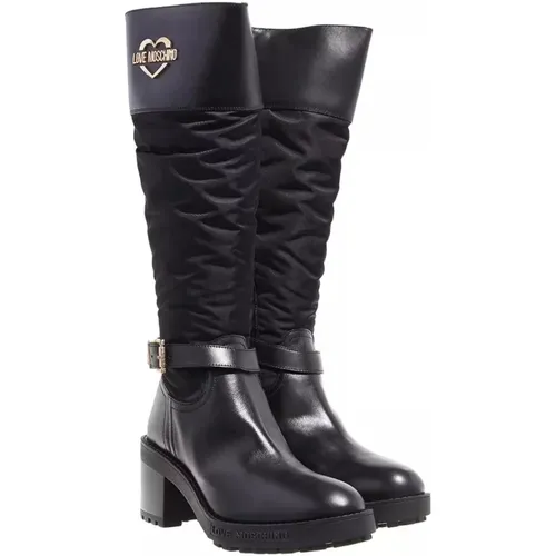 Schwarze Nylon Blockabsatz-Stiefel , Damen, Größe: 36 EU - Love Moschino - Modalova