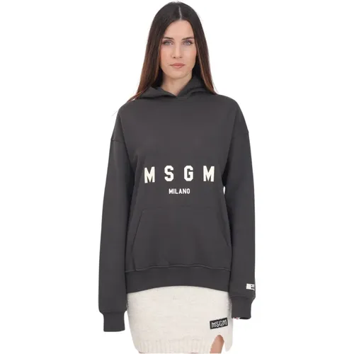 Grauer Hoodie mit Logo-Print , Damen, Größe: XS - MSGM - Modalova