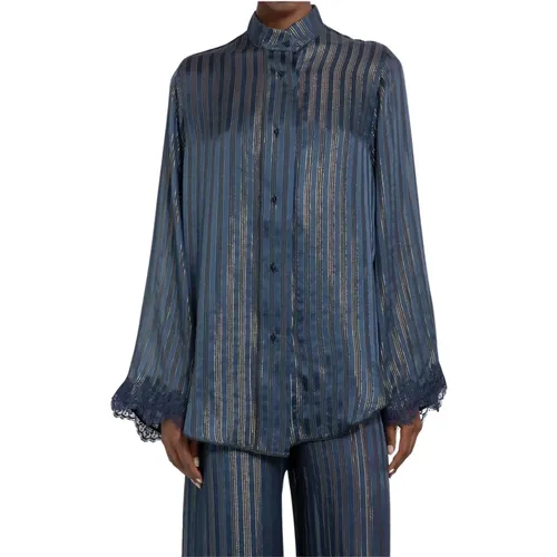 Blaues Seidenhemd mit silbernen Lurex-Streifen , Damen, Größe: S/M - Oseree - Modalova