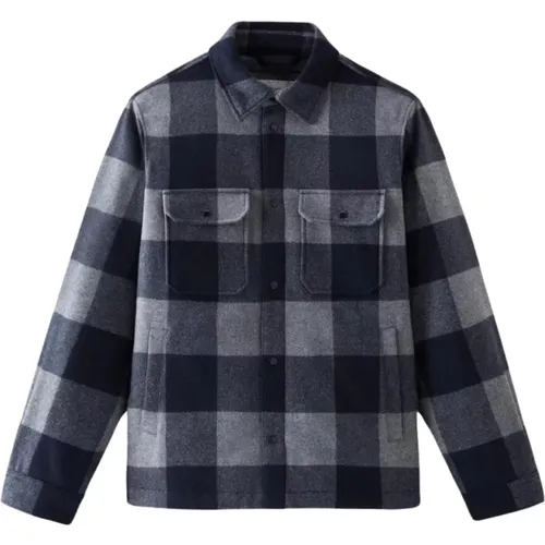 Navy Checked Wool Overshirt , Herren, Größe: XL - Woolrich - Modalova