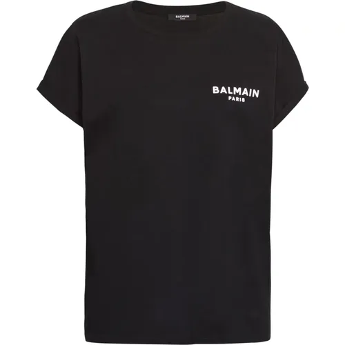 T-Shirt mit flockigem Pari-Logo , Damen, Größe: S - Balmain - Modalova
