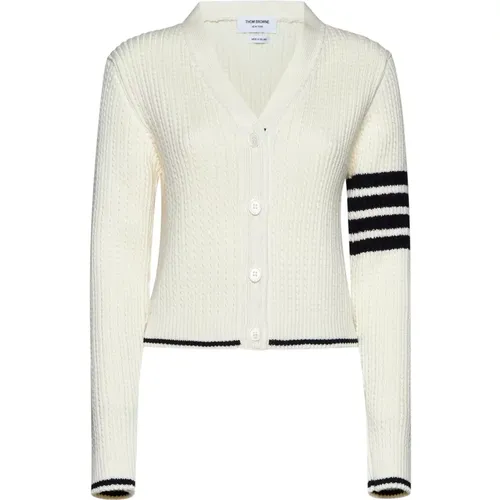 Weiße Baby Cable Sweater mit Streifen,Weiße Kabelwoll-Strickjacke - Thom Browne - Modalova