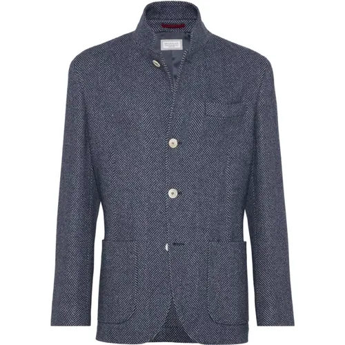 Blazers, male, , Size: M Navy Cashmere Wool Jackets Herringbone - BRUNELLO CUCINELLI - Modalova