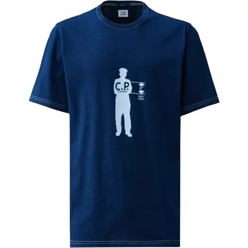 Blaues Baumwoll-T-Shirt mit Geripptem Rundhalsausschnitt , Herren, Größe: M - C.P. Company - Modalova