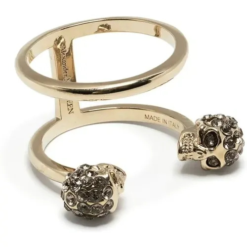 Golden Double Skull Ring with Swarovski Crystals , female, Sizes: 52 MM - alexander mcqueen - Modalova