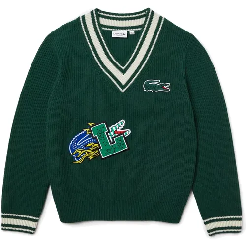 V-neck Knitwear, male, , Size: XS Striped V-Neck Sweater with Comic Book Effect Badge - Lacoste - Modalova