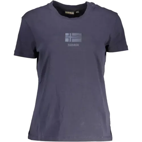 Blaues Baumwoll-T-Shirt mit Kurzen Ärmeln und Druck , Damen, Größe: M - Napapijri - Modalova