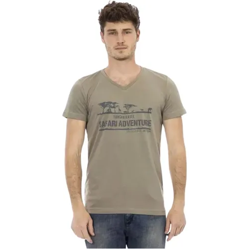 Elegantes V-Ausschnitt T-Shirt mit Frontprint , Herren, Größe: 2XL - Trussardi - Modalova