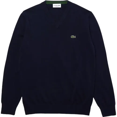 V-neck Knitwear, male, , Size: S Cotton Sweater with V-Neck and Embroidered Logo - Lacoste - Modalova