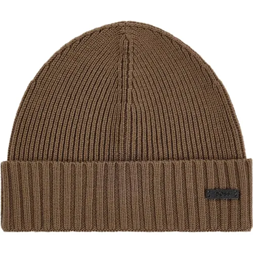 Beanies, male, , Size: ONE SIZE Ribbed Wool Beanie Fati 50495306 Mud - Hugo Boss - Modalova