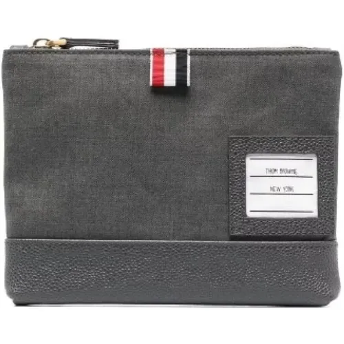Medium Grey Wool and Leather Twill Weave Zipped Pouch , male, Sizes: ONE SIZE - Thom Browne - Modalova