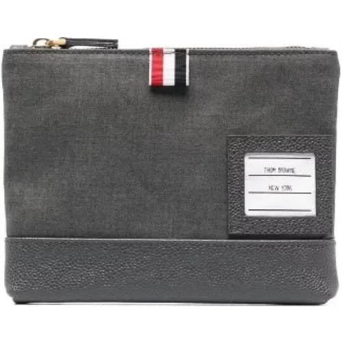 Wallets & Cardholders, male, , Size: ONE SIZE Medium Grey Wool and Leather Twill Weave Zipped Pouch - Thom Browne - Modalova