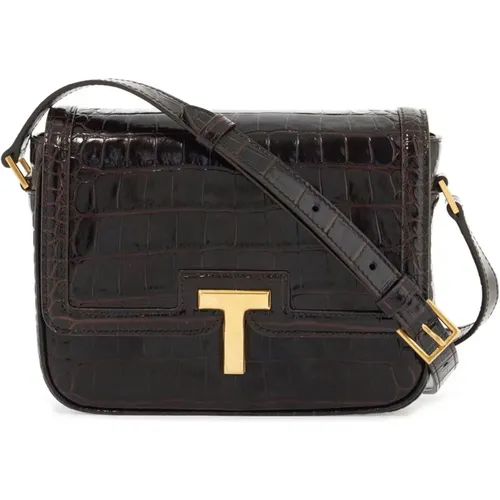 Glossy Crocodile Shoulder Bag with T Closure , female, Sizes: ONE SIZE - Tom Ford - Modalova