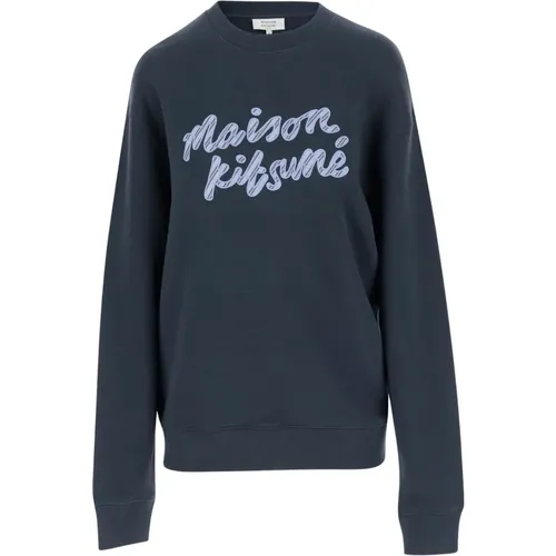 Sweatshirts, male, , Size: M Logo Cotton Sweatshirt Navy Crew Neck - Maison Kitsuné - Modalova