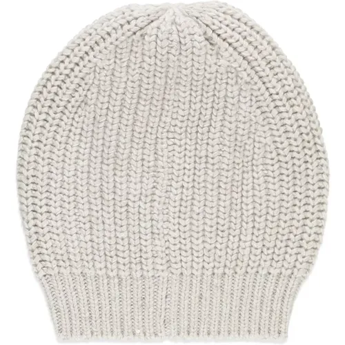 Beanies, female, , Size: S Ivory Cashmere Silk Beanie Cap Paillettes - BRUNELLO CUCINELLI - Modalova