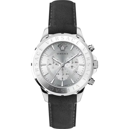 Chrono Signature Leather Silver Steel Watch , male, Sizes: ONE SIZE - Versace - Modalova
