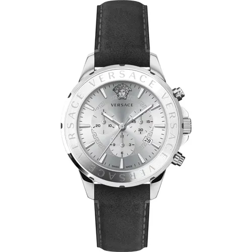 Watches, male, , Size: ONE SIZE Chrono Signature Leather Silver Steel Watch - Versace - Modalova