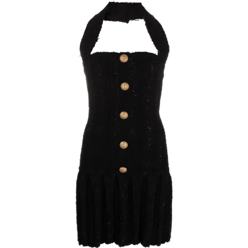 Halterneck tweed pleated dress , female, Sizes: S - Balmain - Modalova