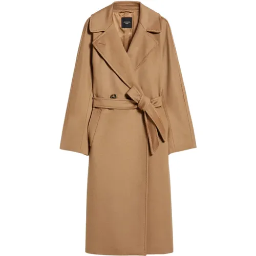 Belted Coats, female, , Size: S Double-breasted Camel Coat with Tailored Details - Max Mara Weekend - Modalova