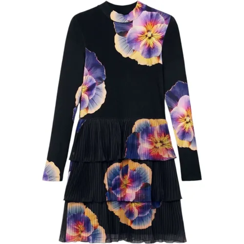 Blumiges Langarm Schwarzes Kleid , Damen, Größe: M - Desigual - Modalova