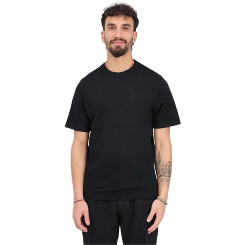 Schwarzes Leinen Geripptes Rundhals T-shirt , Herren, Größe: S - Selected Homme - Modalova