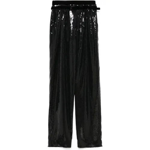 Sequin Trousers with Velvet Trim , female, Sizes: S, 2XS, L, XS - Emporio Armani - Modalova