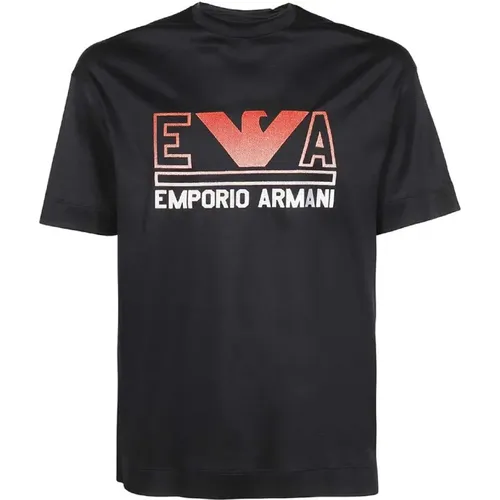 Navy Blue Short Sleeve Jersey T-Shirt with Maxi Logo Lettering and Red Orange Eagle Logo , male, Sizes: S, M - Emporio Armani - Modalova