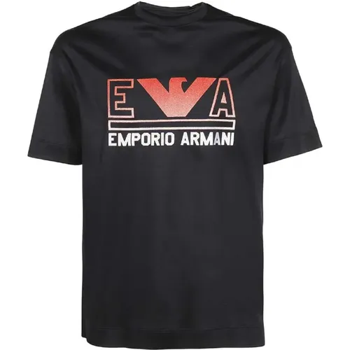 T-Shirts, male, , Size: S Navy Blue Short Sleeve Jersey T-Shirt with Maxi Logo Lettering and Red Orange Eagle Logo - Emporio Armani - Modalova