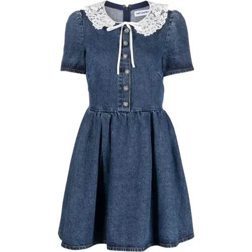 Lace collar denim mini dress , female, Sizes: 2XS - Self Portrait - Modalova