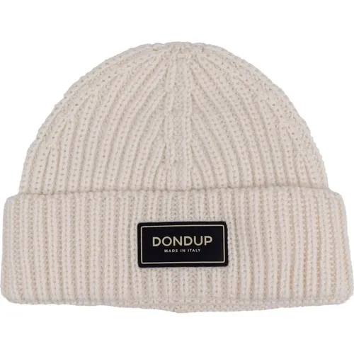 Beanies, male, , Size: ONE SIZE Ribbed wool hat with fabric logo. Italian made - Dondup - Modalova