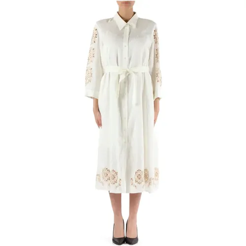 Linen midi dress with embroidery , female, Sizes: 2XL - Elena Mirò - Modalova