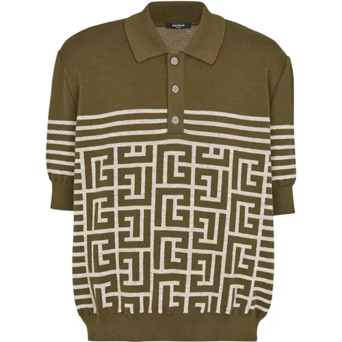 Wool polo shirt with monogram and stripes , male, Sizes: S - Balmain - Modalova