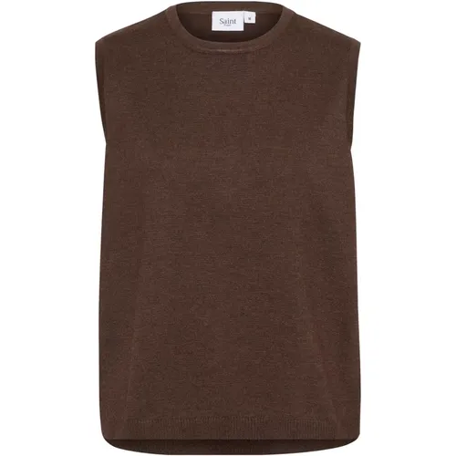 Knitted Vest Dark Oak Melange , female, Sizes: M, XL - Saint Tropez - Modalova