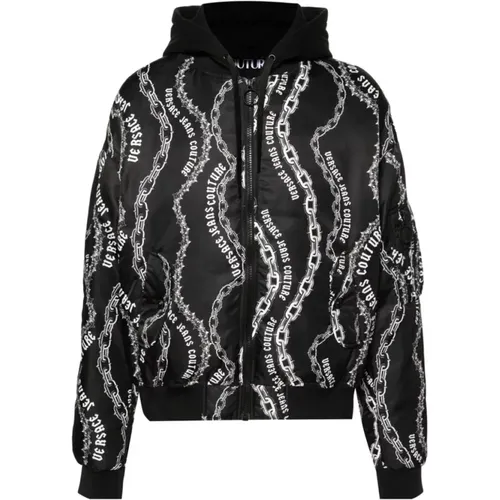 Winter Jackets, male, , Size: XL Chain-Link Print Hooded Jacket - Versace Jeans Couture - Modalova